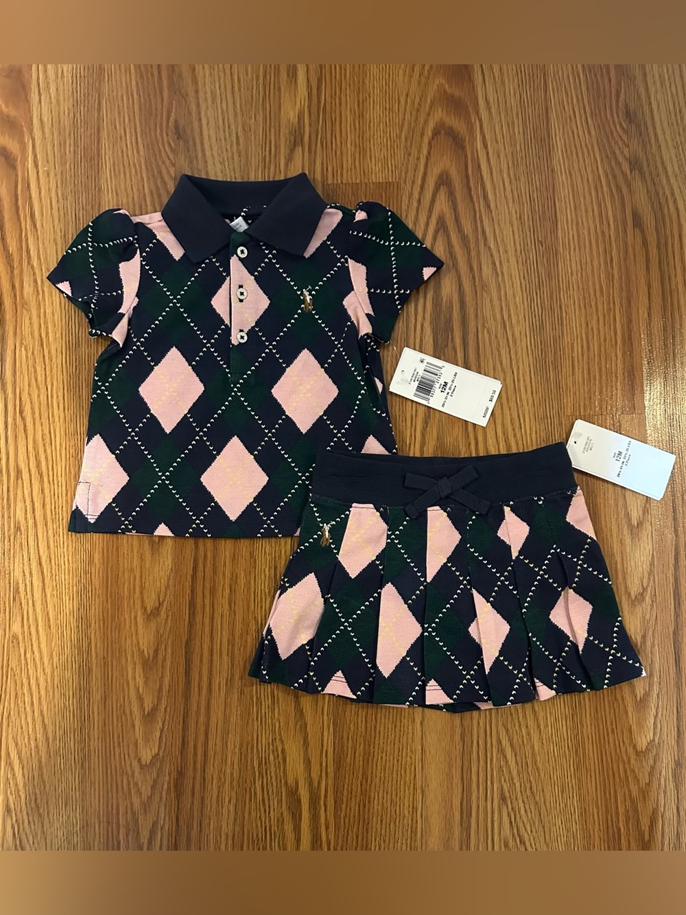 Polo Baby Girl 2-Piece Printed Short Sleeve Polo Shirt and Pleated Skirt Set,12M